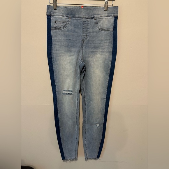 Spanx Distressed Skinny Jean With Side Stripe Light Wash Blue Size L - Picture 5 of 14